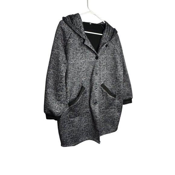 Womens Black & White Hooded Open Front Coat Jacket With Pockets Medium - Picture 3 of 4